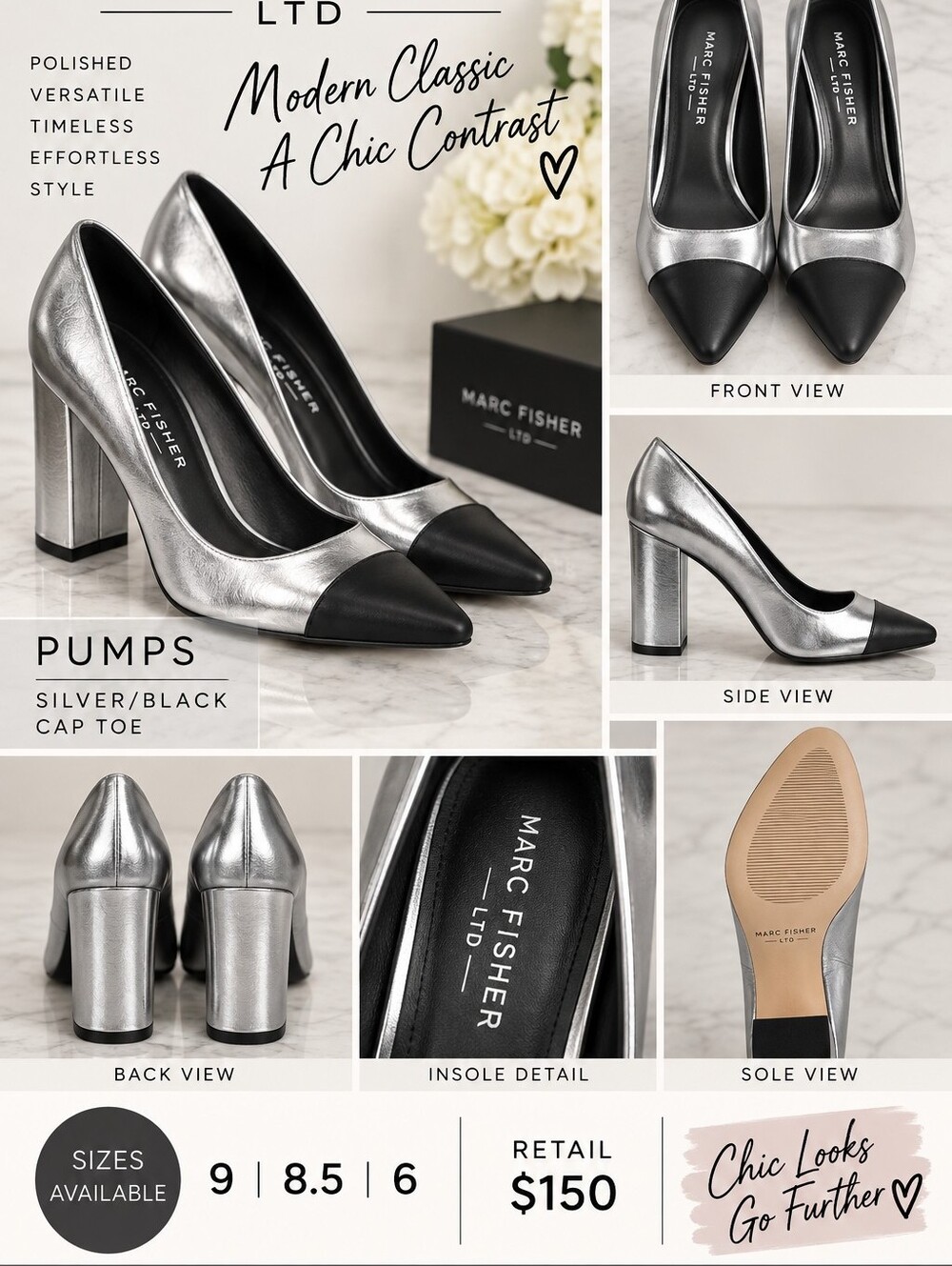 NIB Marc Fisher LTD Silver Metallic Block Heel Pumps with Black Cap Toe